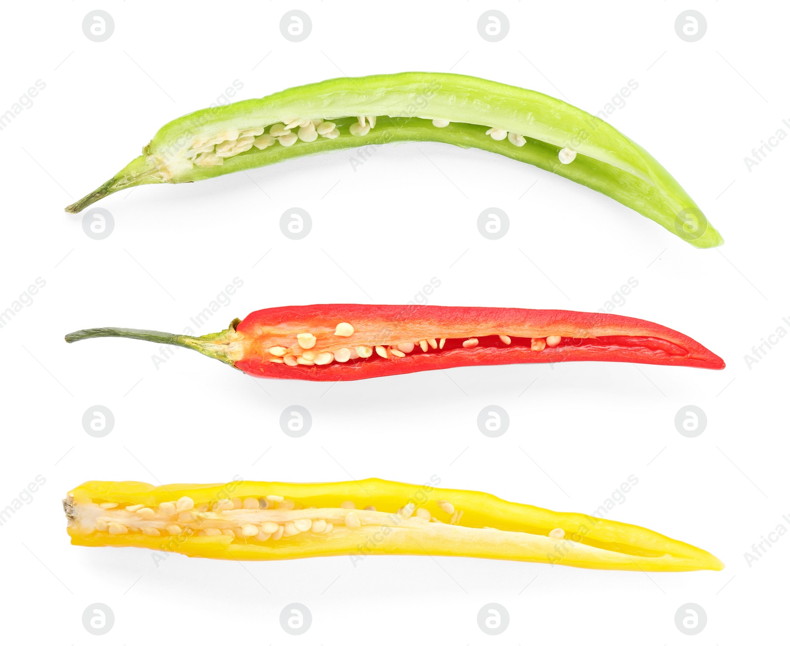 Image of Set with different hot chili peppers on white background, top view