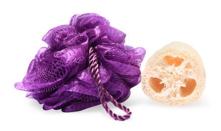 Photo of New shower puff and loofah sponge on white background. Personal hygiene
