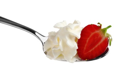 Photo of Spoon with delicious strawberry and whipped cream isolated on white