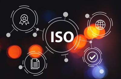 Illustration of International Organization for Standardization (ISO). Different virtual icons on dark background