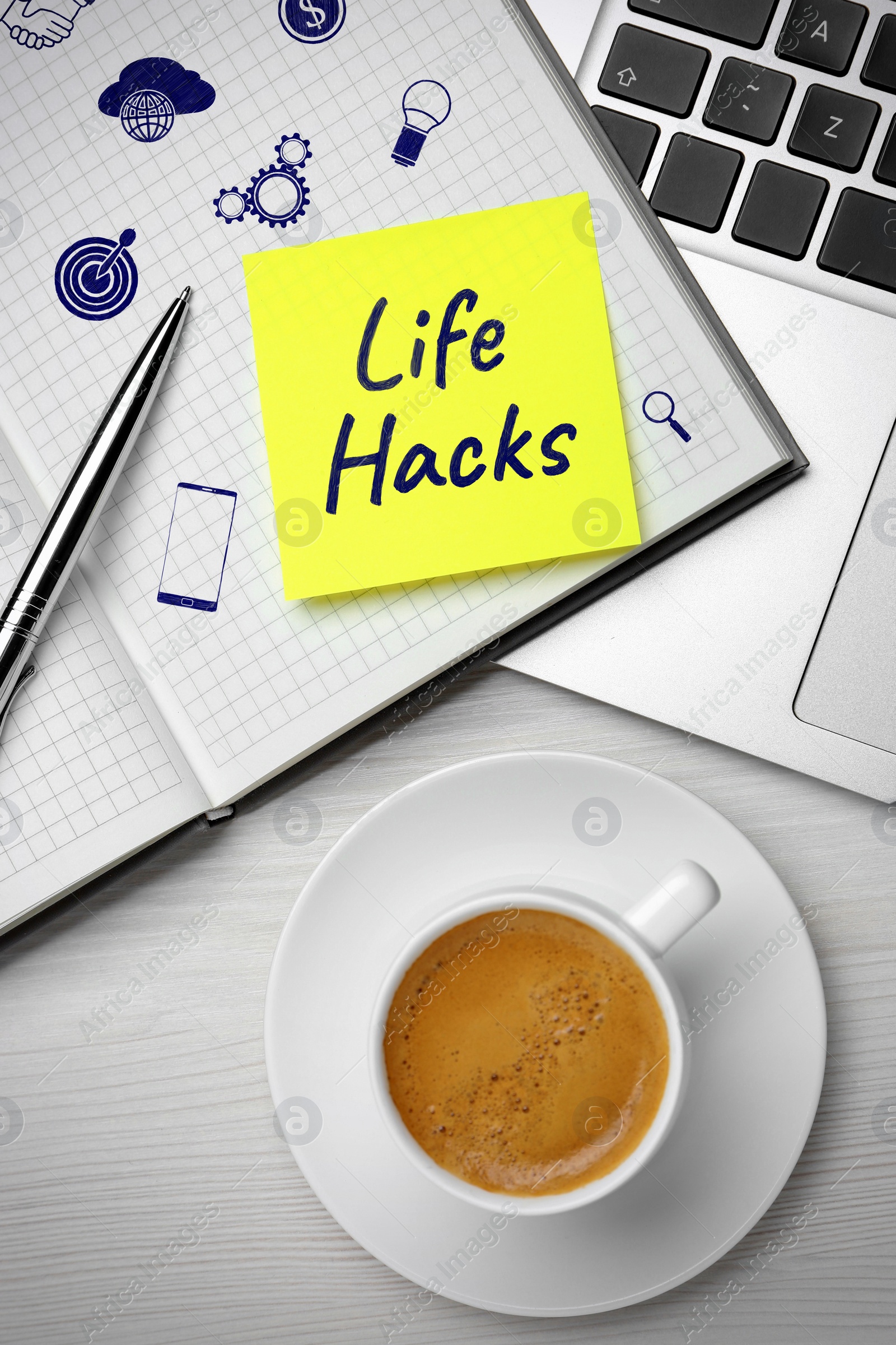 Image of Life Hacks. Notebook, cup of coffee and laptop on white wooden table, flat lay