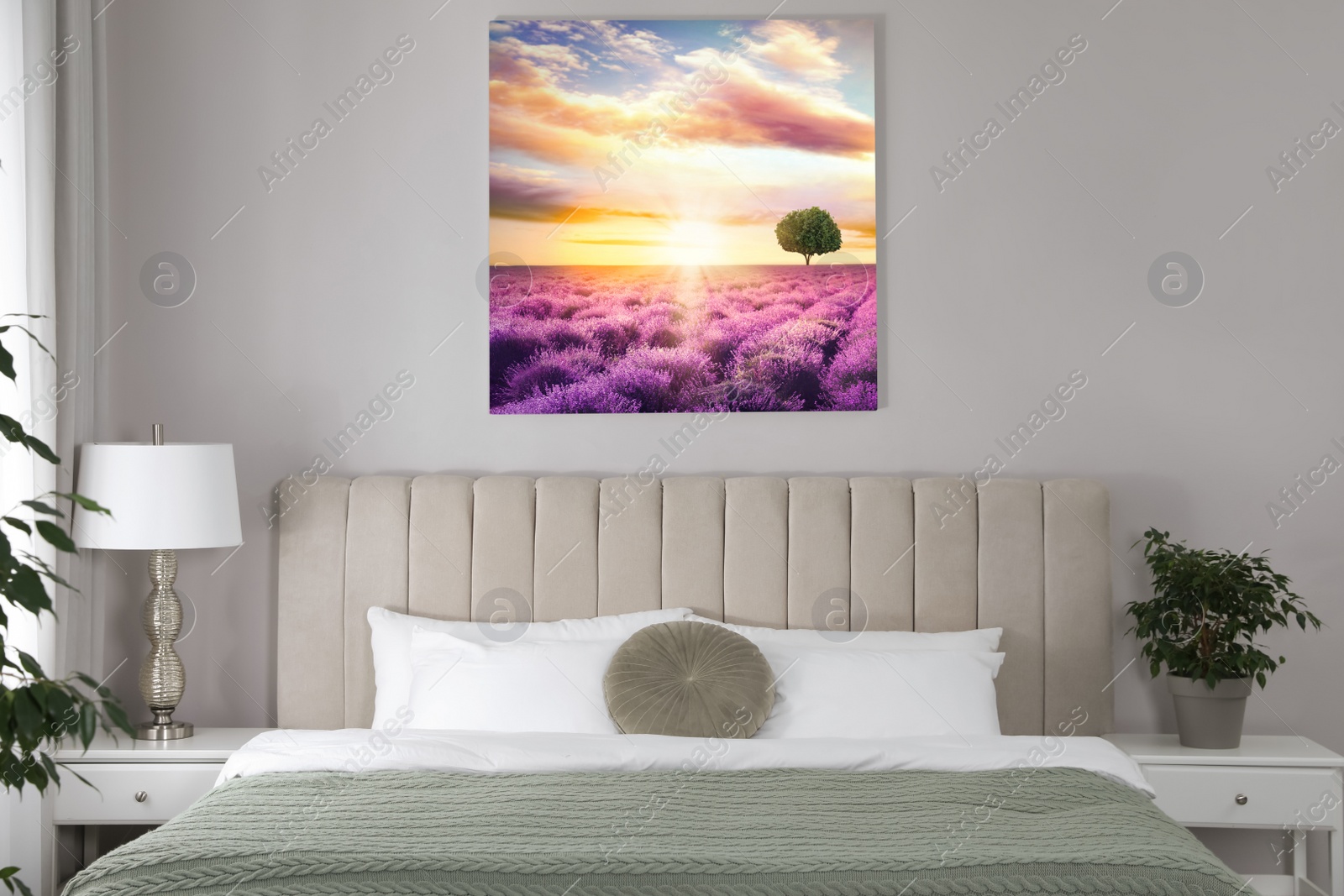 Image of Canvas with printed photo of beautiful lavender field at sunset on beige wall in bedroom