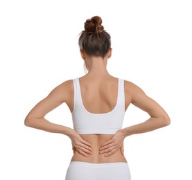 Photo of Woman suffering from pain in back on white background