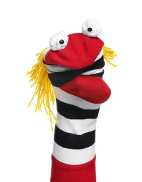 Photo of Funny sock puppet with hair isolated on white