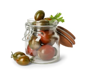Photo of Pickling jar with fresh tomatoes isolated on white