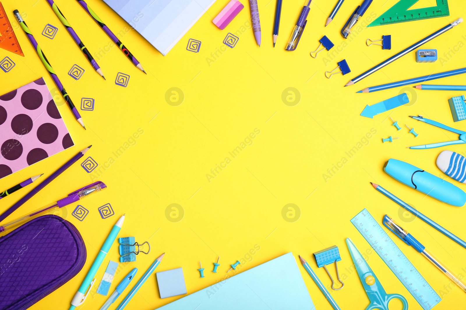 Photo of Flat lay composition with different school stationery on color background