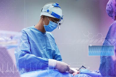Image of Team of professional doctors performing operation in surgery room and illustration of different virtual icons