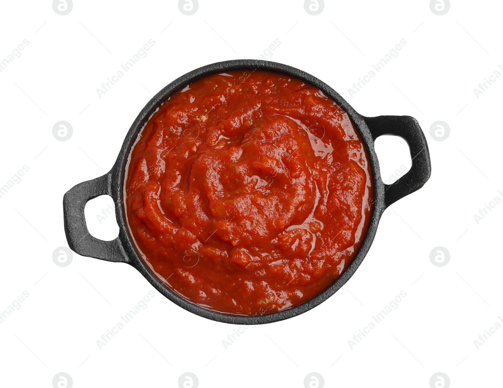 Photo of Homemade tomato sauce in bowl isolated on white, top view