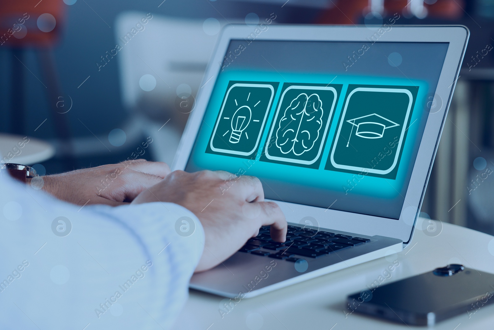 Image of E-learning. Man working with laptop at table, closeup. Illustrations of different icons