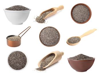 Image of Set of chia seeds on white background 