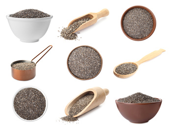 Set of chia seeds on white background 