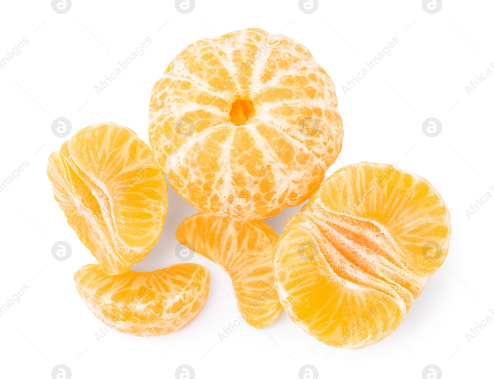 Photo of Fresh juicy peeled tangerines on white background, top view