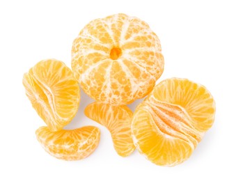 Photo of Fresh juicy peeled tangerines on white background, top view