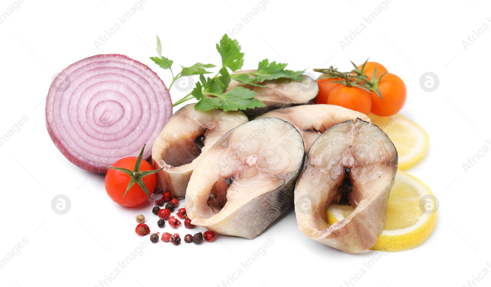 Photo of Pieces of mackerel fish and different products on white background