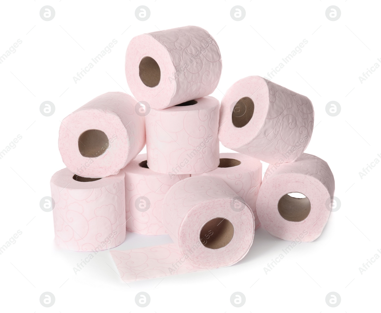 Photo of Color toilet paper rolls on white background