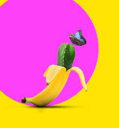 Image of Creative artwork. Cactus in banana peel and beautiful butterfly on color background