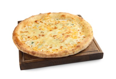 Photo of One delicious cheese pizza isolated on white