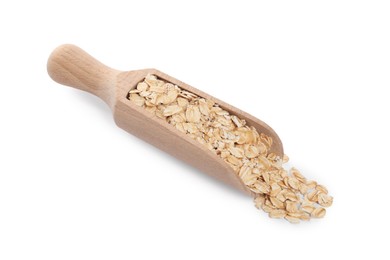 Photo of Wooden scoop of oatmeal isolated on white