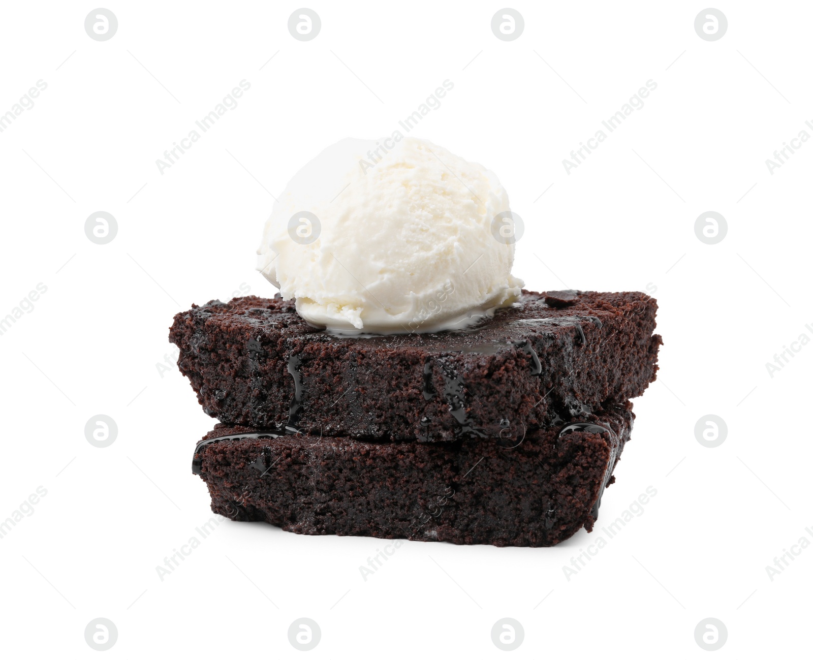 Photo of Tasty brownies with ice cream isolated on white