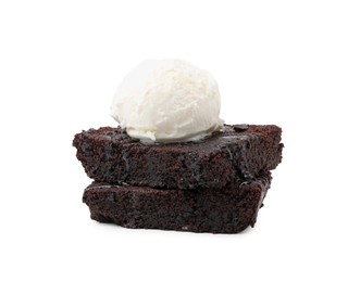 Tasty brownies with ice cream isolated on white