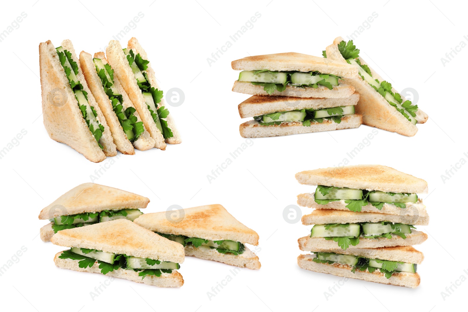 Image of Collage with tasty cucumber sandwiches on white background