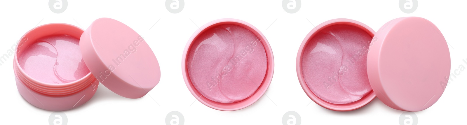 Image of Under eye patches in jars on white background, collage. Banner design