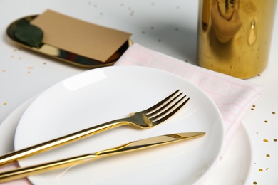 Photo of Elegant festive table setting on white background, closeup