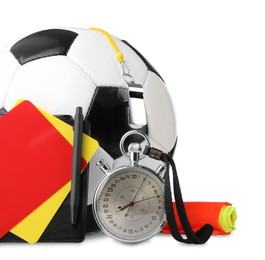 Photo of Football referee equipment. Soccer ball, flag, stopwatch, cards and whistle isolated on white