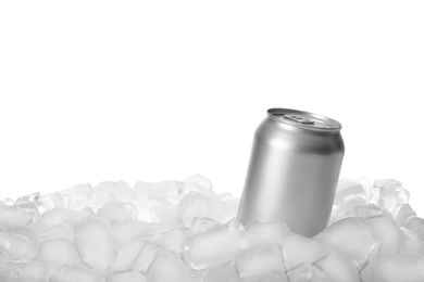 Tin can on ice cubes against white background