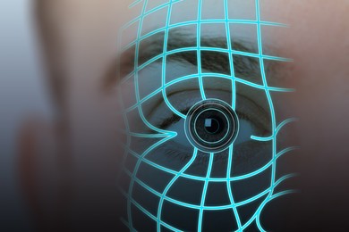 Image of Facial and iris recognition. Man with digital biometric grid and scan, closeup