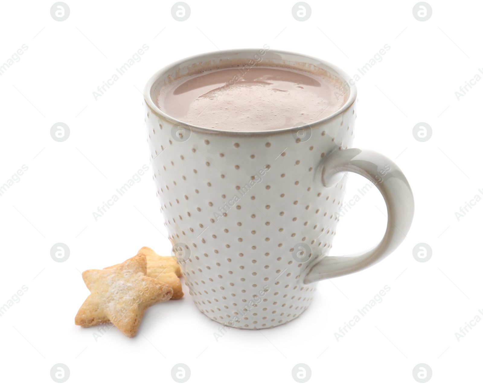 Photo of Delicious cocoa in cup and cookies on white background