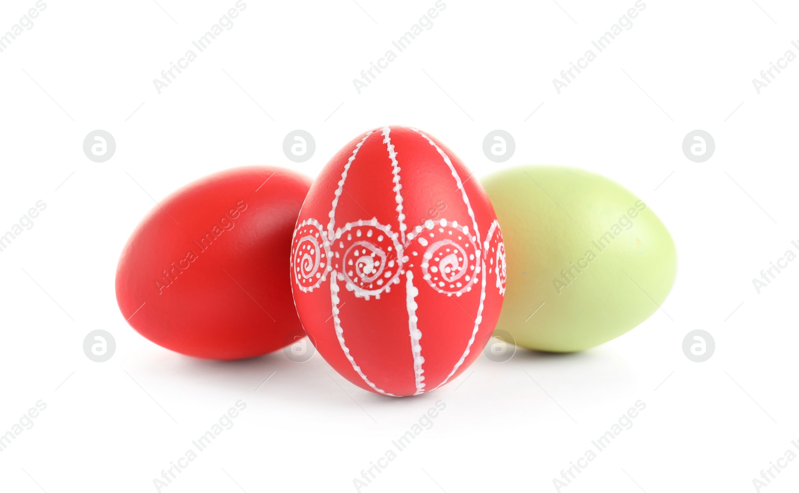 Photo of Colorful painted Easter eggs on white background