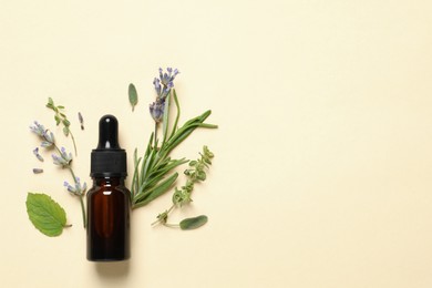 Photo of Bottle of essential oil and different herbs on beige background, flat lay. Space for text