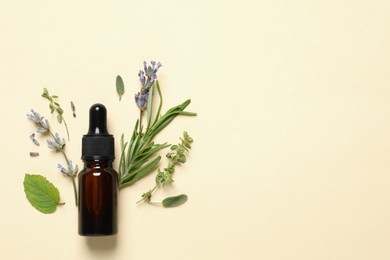 Bottle of essential oil and different herbs on beige background, flat lay. Space for text