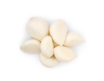 Photo of Peeled cloves of fresh garlic isolated on white, top view