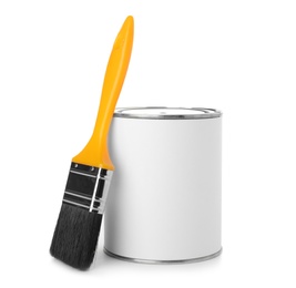 Photo of Paint can and brush on white background. Mockup for design