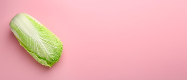 Image of Fresh ripe Chinese cabbage on pink background, top view. Banner design with space for text