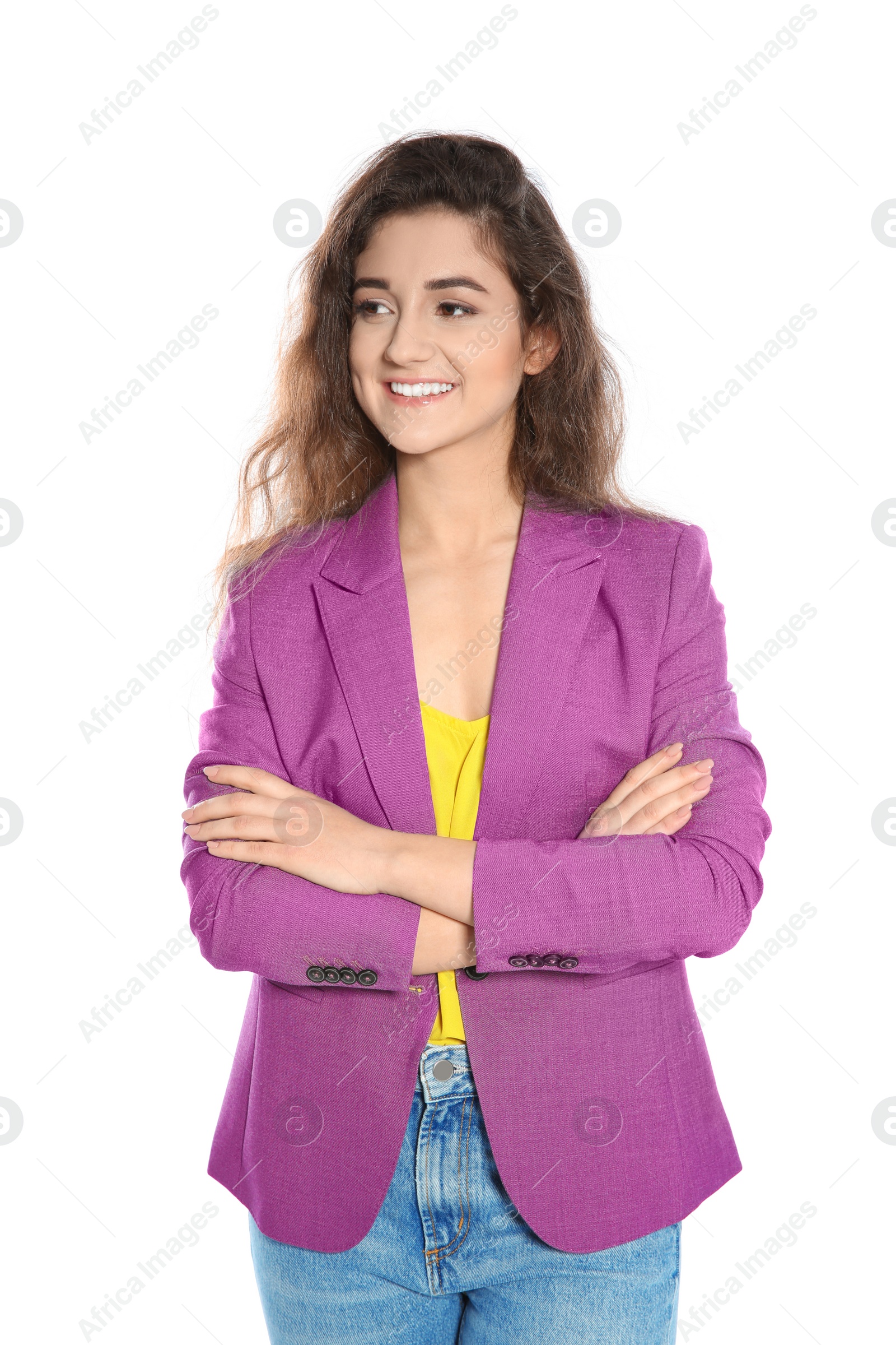 Photo of Beautiful young woman in stylish clothes on white background