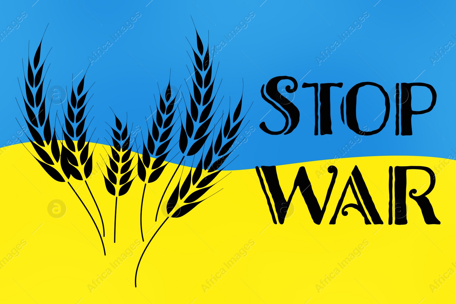 Illustration of Stop War. Ears of wheat illustration, phrase and Ukrainian flag