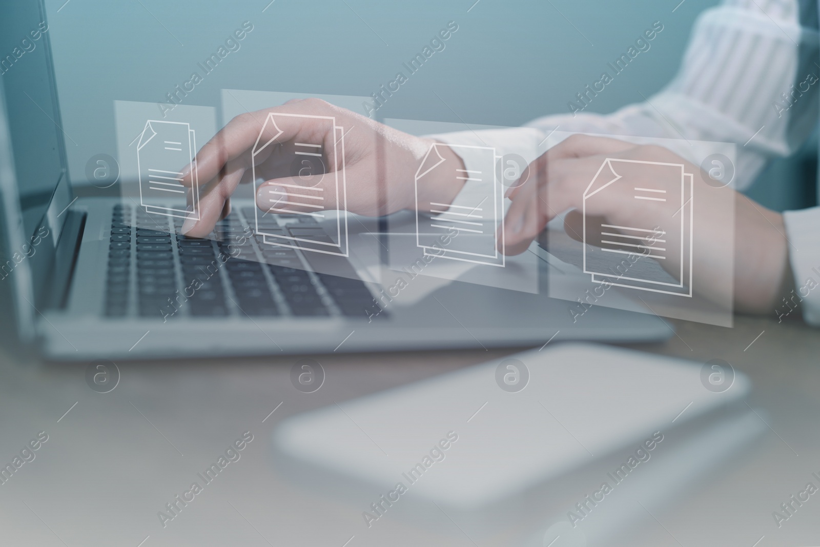 Image of Electronic document management. Woman working on laptop at table, closeup