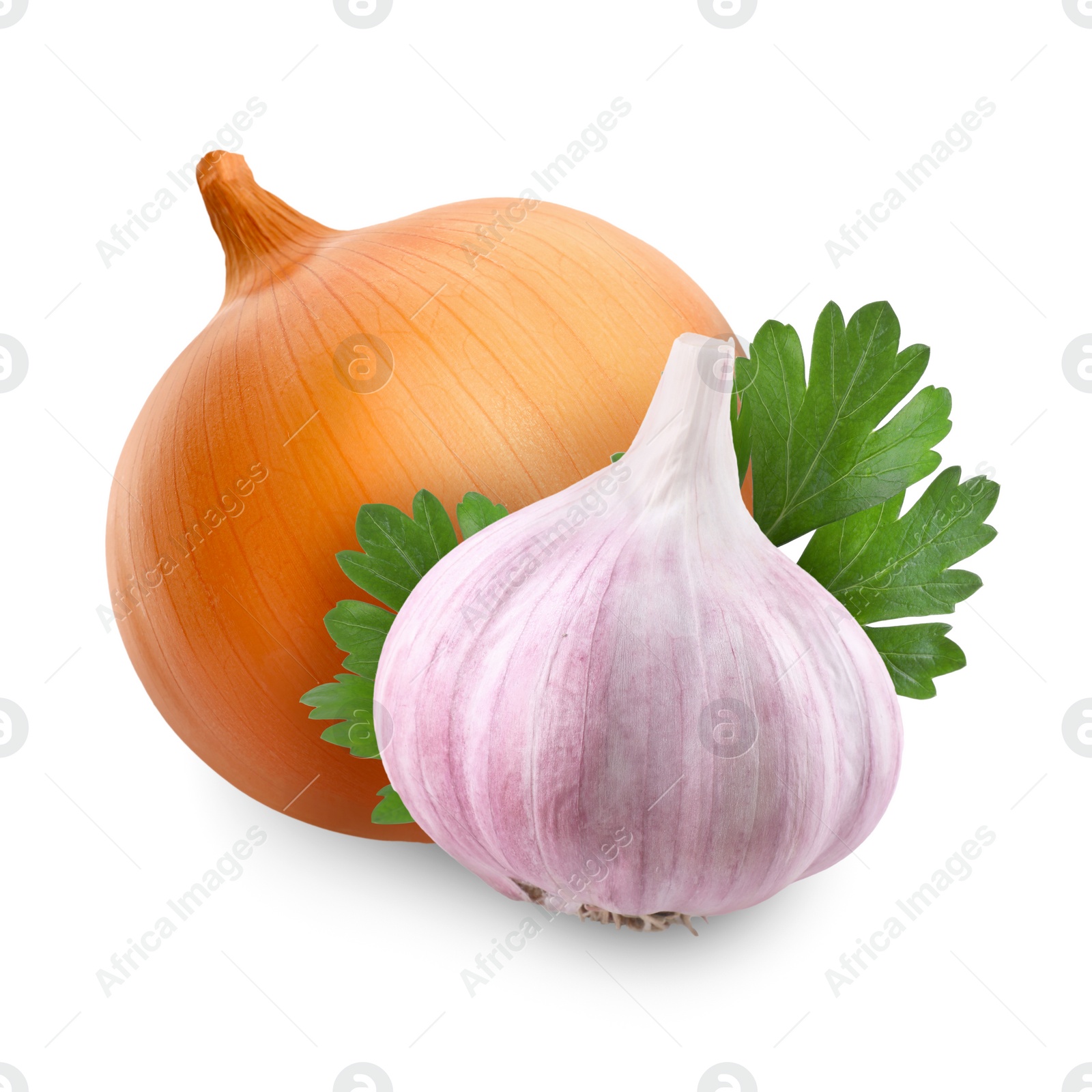 Image of Garlic, yellow onion and parsley isolated on white