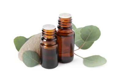 Photo of Bottles of eucalyptus essential oil, stone and plant branches on white background