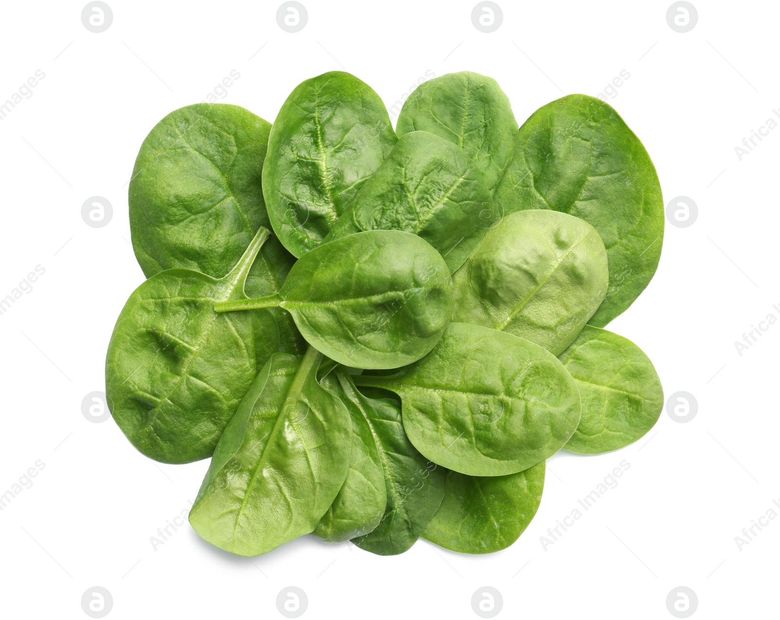 Photo of Pile of fresh spinach leaves isolated on white, top view