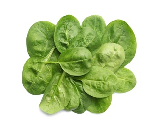 Photo of Pile of fresh spinach leaves isolated on white, top view