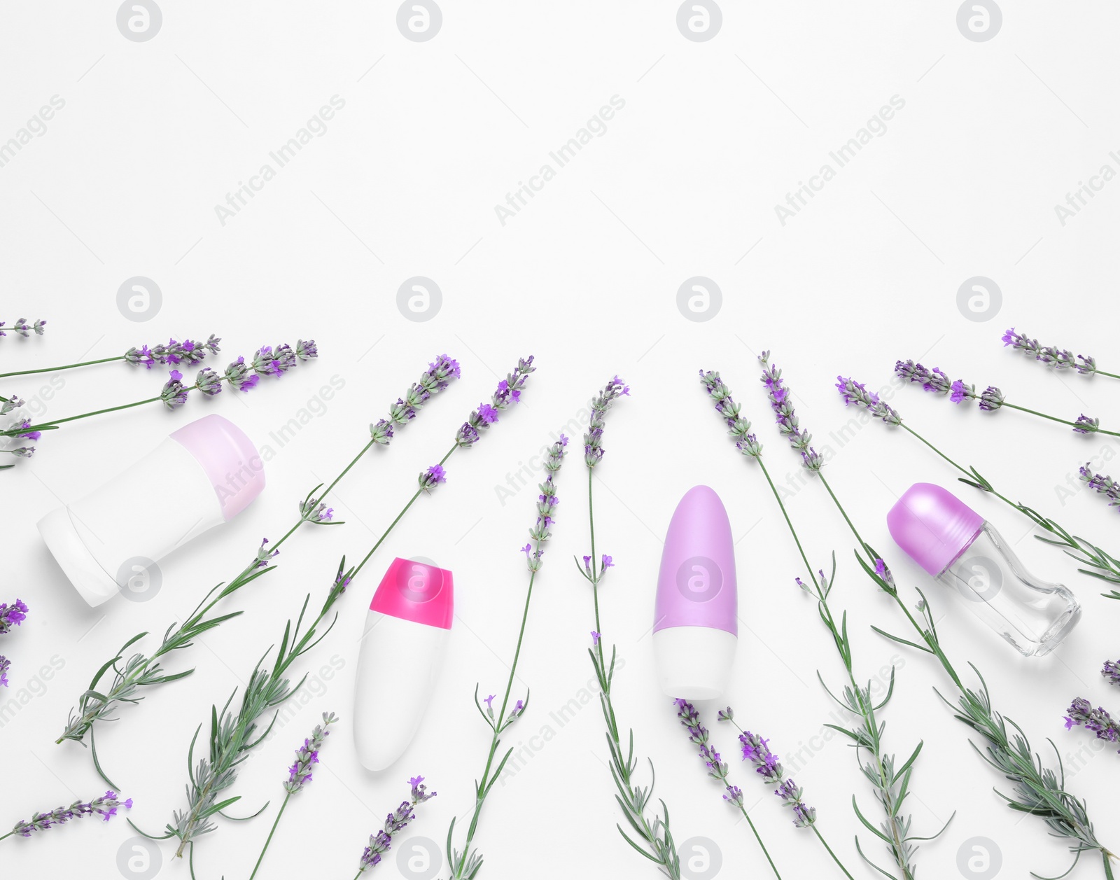 Photo of Different deodorants and lavender flowers on white background, top view