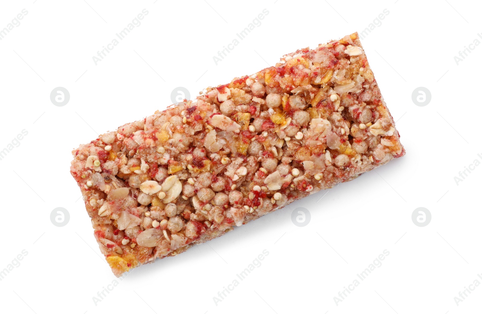 Photo of Tasty protein bar on white background, top view