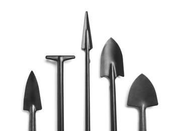 Set of gardening tools on white background, top view