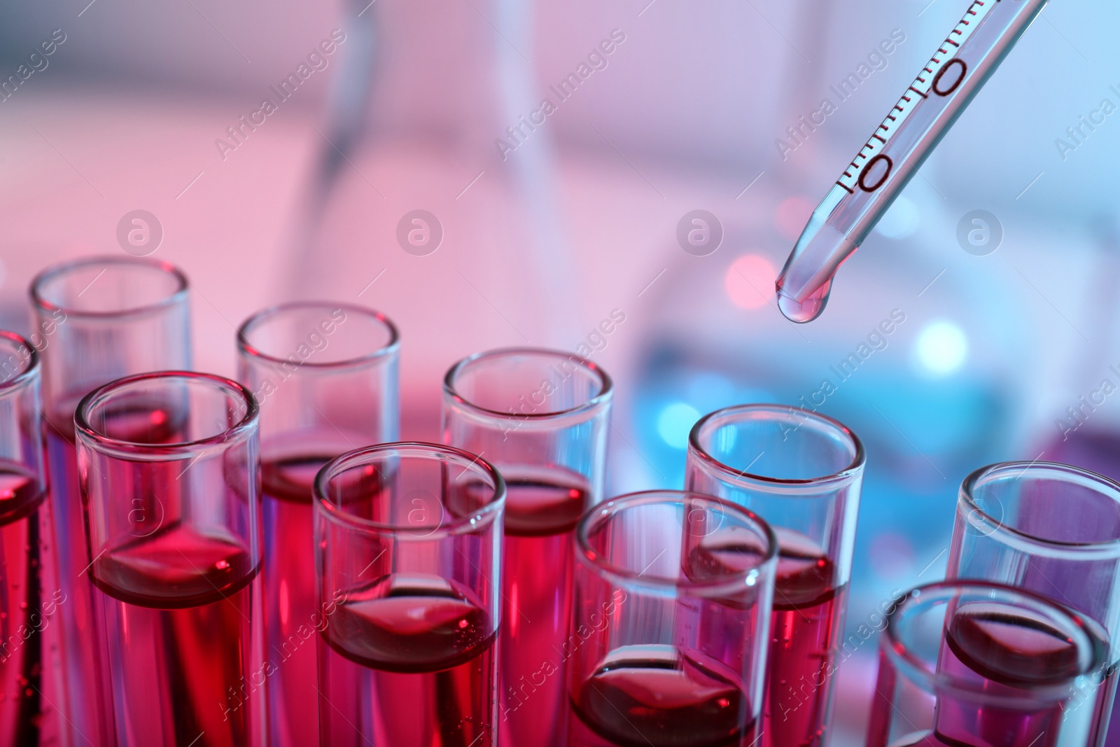 Photo of Dripping reagent into test tube with red liquid, closeup. Laboratory analysis