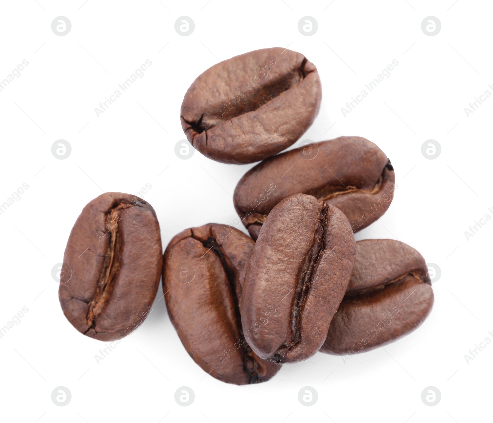 Photo of Many aromatic roasted coffee beans isolated on white, top view