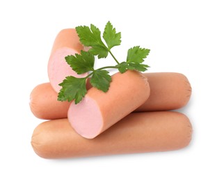 Photo of Whole and cut delicious boiled sausages with parsley on white background, top view